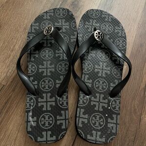 Tory Burch Black and Gray Logo Flip Flops